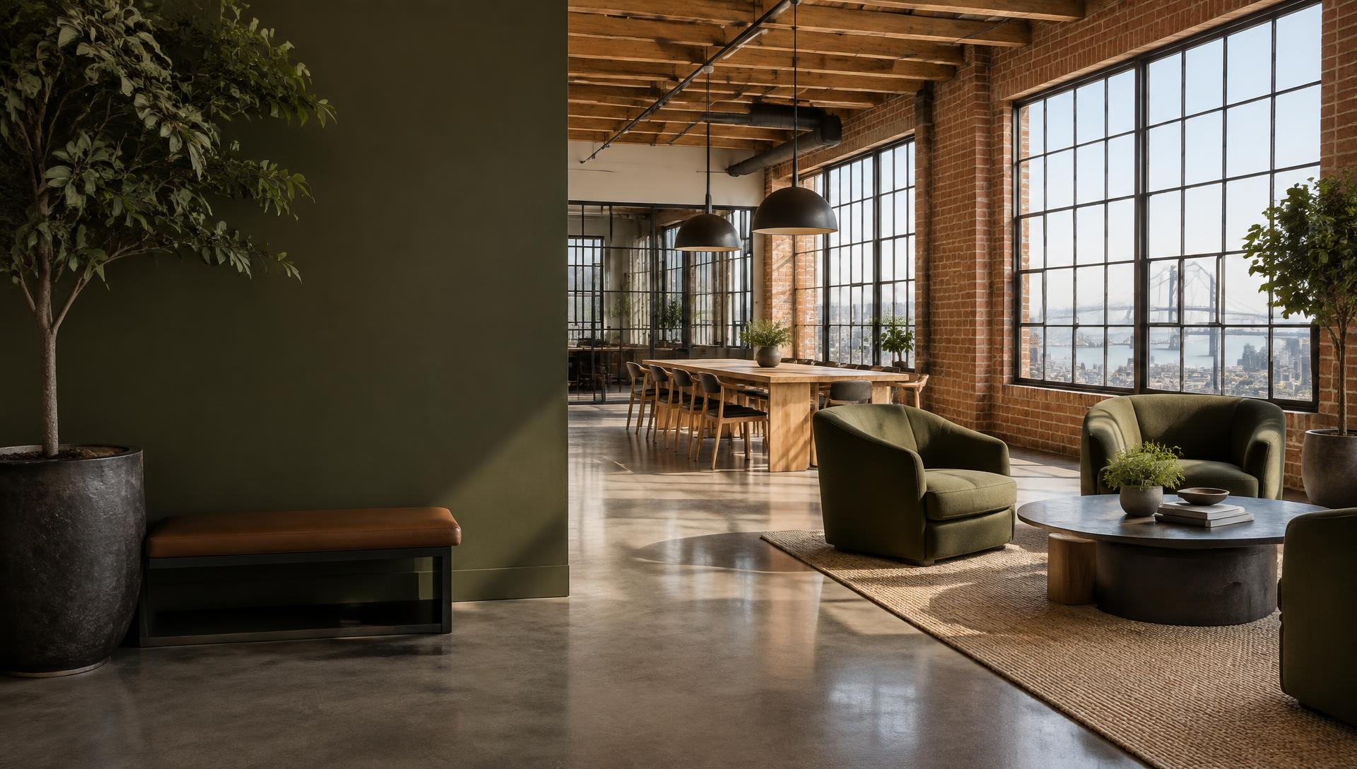 Sunlit, thoughtfully designed Bay Area workplace with shared tables and lounge seating